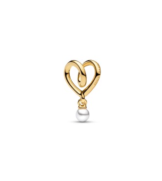 PANDORA 764138C01 Charm de corazón envuelto bañado en oro de 14k con perla artificial lacada en blanco