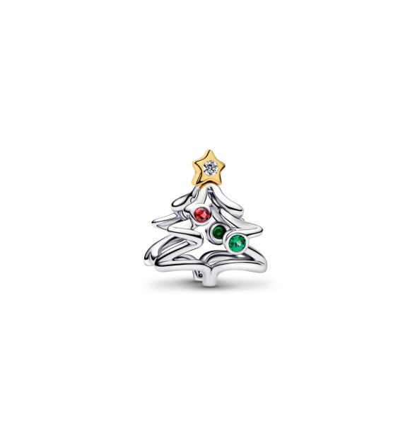 PANDORA 764248C01 Charm de árbol de Navidad en plata de ley y baño de oro de 14k con circonitas cúbicas transparentes,
 cristal rojo salsa y verde real