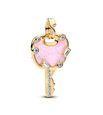 PANDORA 764349C01 Love key 14k gold-plated dangle with clear cubic zirconia and lab-created pink opal