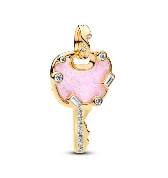 PANDORA 764349C01 Love key 14k gold-plated dangle with clear cubic zirconia and lab-created pink opal