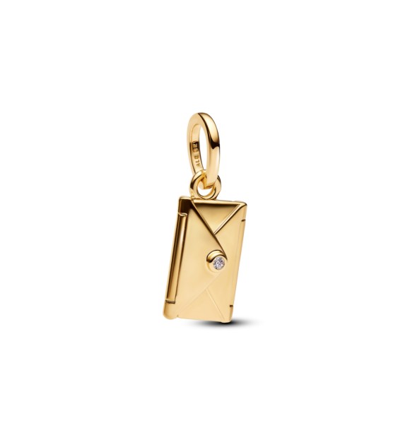 PANDORA 764421C01 Engravable openable envelope 14k gold-plated dangle with clear cubic zirconia