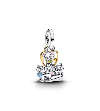 PANDORA 764465C01 Colgante doble de Los Aristogatos de Disney en plata de ley y baño de oro de 14 k con esmalte rosa y azul.