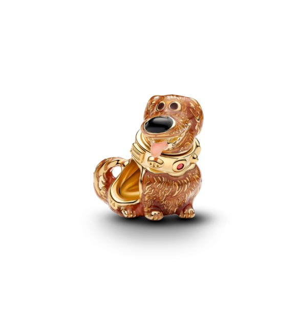 PANDORA 764472C01 Charm Disney Dug bañado en oro de 14k con cristal rojo salsa y esmalte negro y rosa