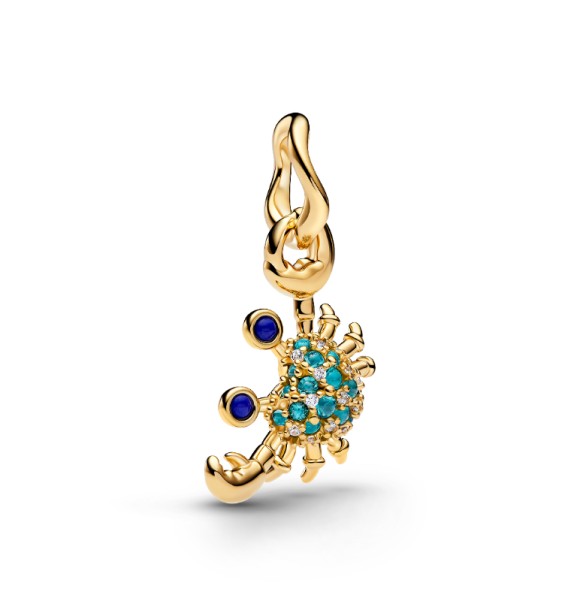 764684C01 Crab 14k gold-plated dangle with imitation lapis lazuli,
 icy green crystal and clear cubic zirconia