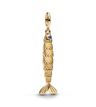 764686C01 Articulated fish 14k gold-plated dangle with blue enamel