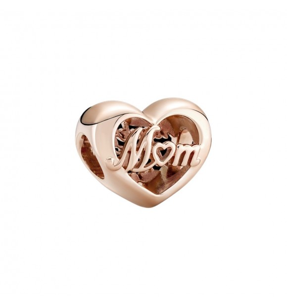 Charm con un recubrimiento electrolítico en oro rosa de segunda ley de 14k Corazón Gracias Mamá con grabado