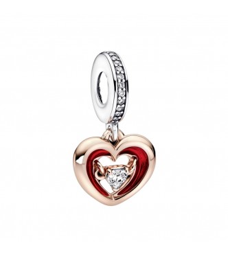 Open heart sterling silver and 14k rose gold-plated dangle with clear cubic zirconia and red enamel