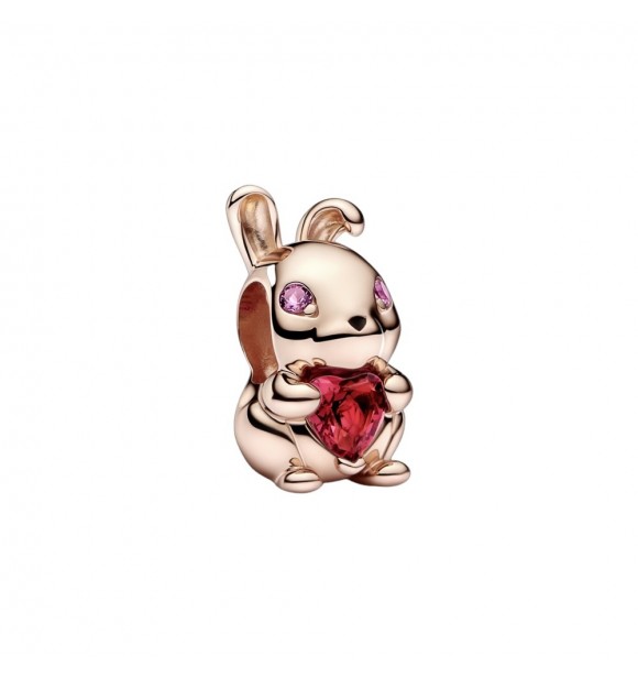 Rabbit 14k rose gold-plated charm with cherries jubilee red,
 phlox pink crystal and black enamel