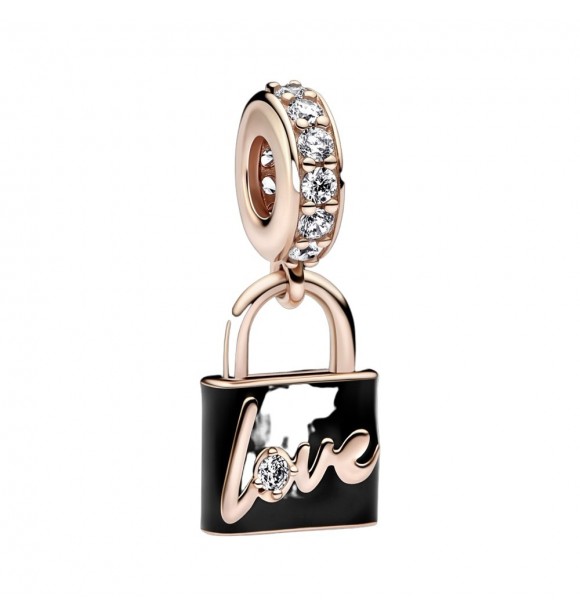 Padlock 14k rose gold-plated dangle with clear cubic zirconia and black enamel
