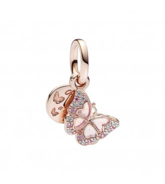 Butterfly 14k rose gold-plated dangle with fancy fairy tale pink and clear cubic zirconia,
 transparent pink plique a jour enamel