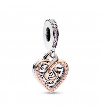 PANDORA 782641C01 Colgante doble de corazón de plata de ley y baño de oro rosa de 14k con elegante circonita rosa de cuento de hadas