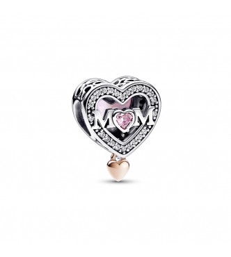 PANDORA 782653C01 Colgante de corazón de mamá de plata de ley y chapado en oro rosa de 14k con circonita cúbica rosa y rosa de cuento de hadas elegante y transparente