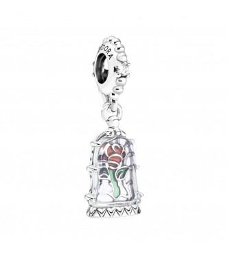 Disney Beauty and The Beast rose sterling silver dangle with clear cubic zirconia,
 transparent light blue Murano glass, red and green enamel