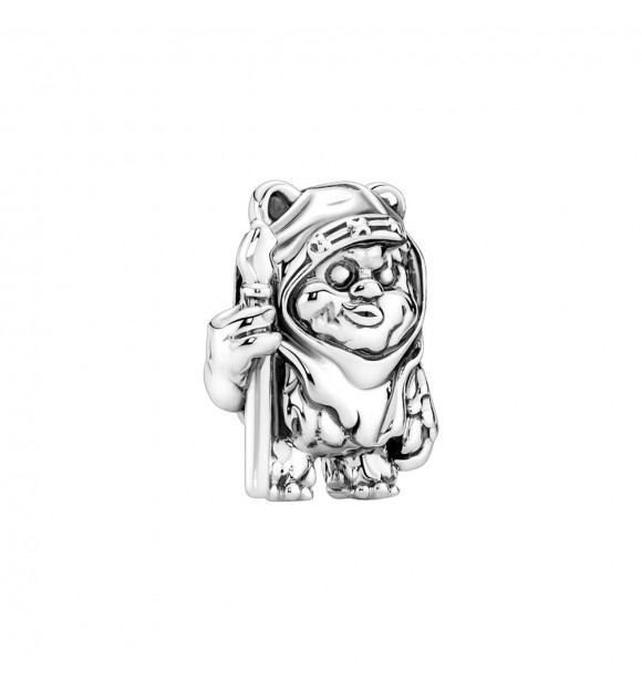 Charm en plata de primera ley Ewok Star Wars adornado con detalles en 3D y grabado el logo de Pandora y LFL en la parte de detrás