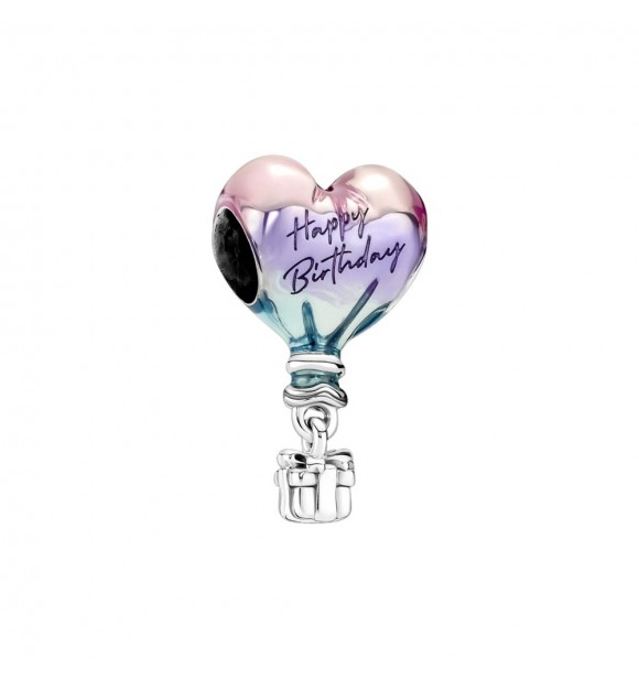 Charm en plata de primera ley Globo Aerostátco Feliz Cumpleaños adornado con esmalte de color cereza  violeta y agua marina y grabado  Happy Birthday