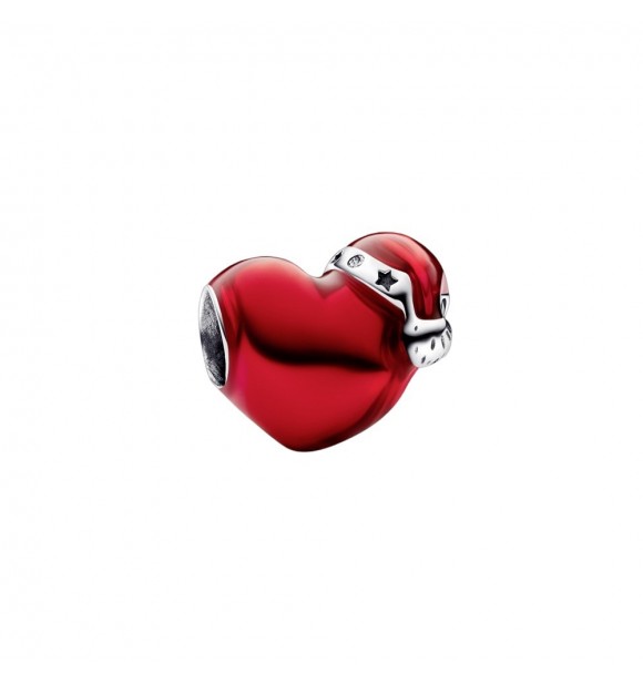 PANDORA 792336C01 Charm corazón navideño de plata de primera ley con circonitas cúbicas transparentes y esmalte rojo transparente