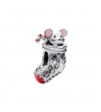PANDORA 792366C01 Charm ratón navideño en calcetín de plata de primera ley con esmalte rojo,
 blanco, verde oscuro y rosa polvoriento