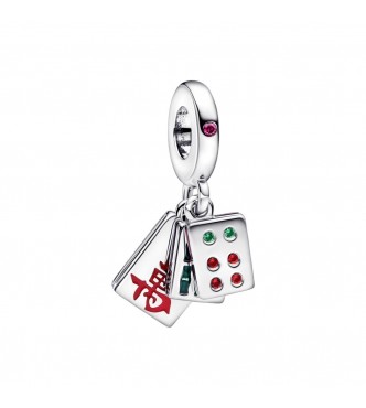 Mahjong sterling silver dangle with synthetic ruby,
 royal green crystal, salsa red crystal, red, black and green enamel