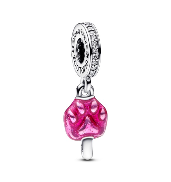 792557C01 Disney Parks Zootopia pawpsicle sterling silver dangle with clear cubic zirconia and pink glitter enamel