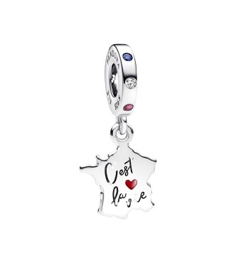 792673C01 France map sterling silver dangle with stellar blue crystal,
 red and clear cubic zirconia and red enamel