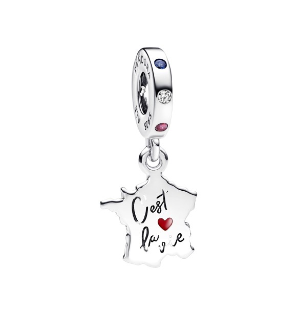 792673C01 France map sterling silver dangle with stellar blue crystal,
 red and clear cubic zirconia and red enamel