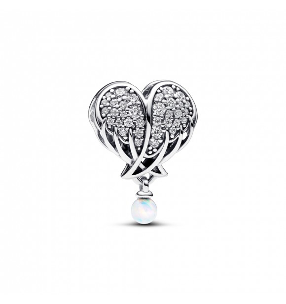 PANDORA 792980C01 CHARM DE PLATA DE LEY CON FORMA DE CORAZÓN CON ALAS DE ÁNGEL,
 CIRCONITA CÚBICA TRANSPARENTE Y ÓPALO BLANCO CREADO EN LABORATORIO