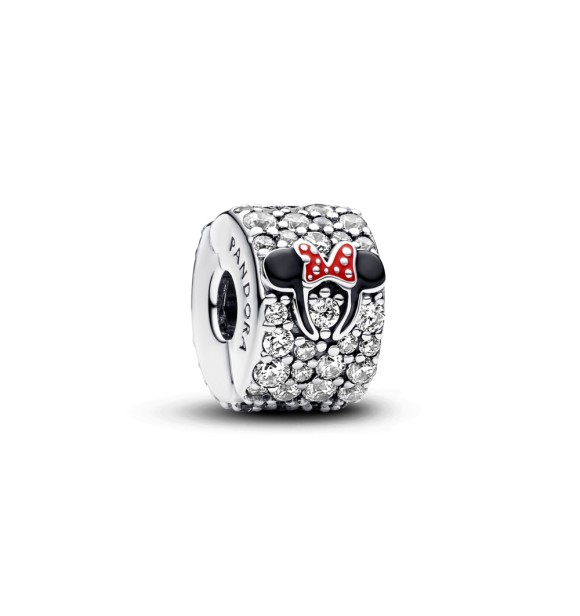 793074C01 Disney Parks Mickey and Minnie sterling silver clip with clear cubic zirconia,
 red and black enamel