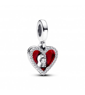 PANDORA 793119C01 Colgante doble de plata de ley con forma de corazón con candado,
 circonita cúbica transparente y esmalte rojo