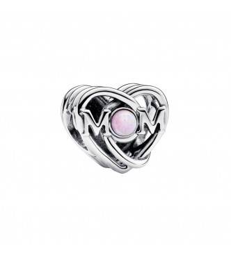 PANDORA 793233C01 Charm de plata de ley con forma de corazón de mamá y ópalo rosa creado en laboratorio Pandora Moments CYCLEC2024