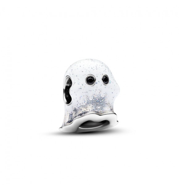 PANDORA 793404C01 Charm fantasma de plata esterlina con cristal negro y esmalte blanco brillante que brilla en la oscuridad