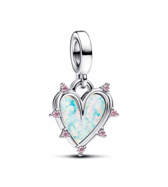 PANDORA 793434C01 Colgante doble de corazones en plata de ley con ópalo rosa creado en laboratorio y elegante circonita cúbica rosa de cuento de hadas