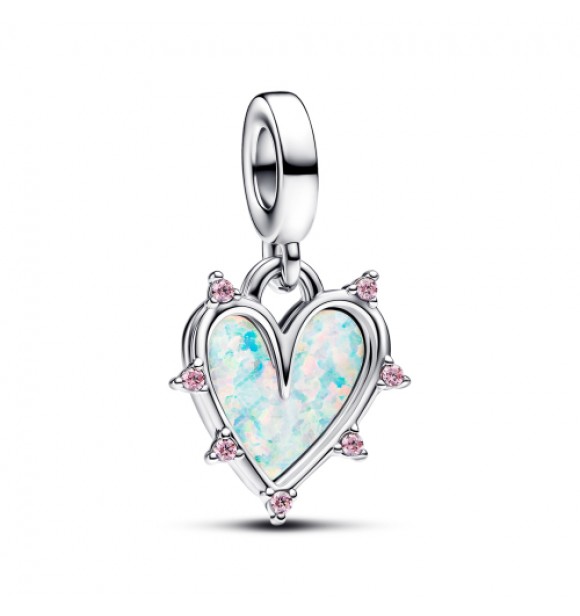 PANDORA 793434C01 Colgante doble de corazones en plata de ley con ópalo rosa creado en laboratorio y elegante circonita cúbica rosa de cuento de hadas