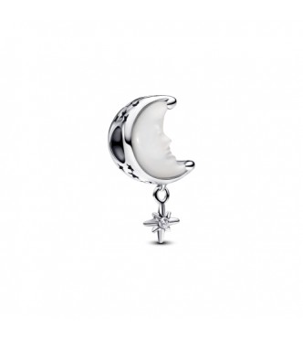 Charm de plata de ley con forma de luna y estrella con nácar de biorresina blanca y circonita cúbica transparente