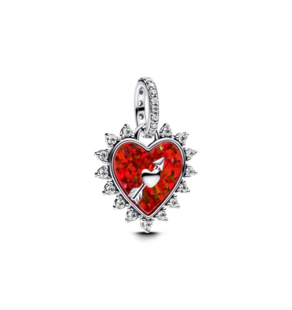 PANDORA 793667C01 Colgante giratorio de plata de ley con forma de corazón y flecha con ópalo rojo creado en laboratorio y circonita cúbica transparente