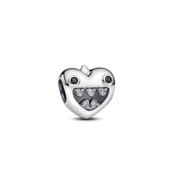 PANDORA 793768C01 Charm de plata de ley con forma de corazón de mamá de monstruos con cristal negro y circonita cúbica transparente