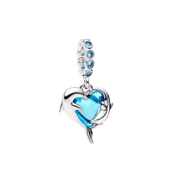 PANDORA 793924C01 Dolphins sterling silver dangle with aqua blue Murano glass and icy blue crystal