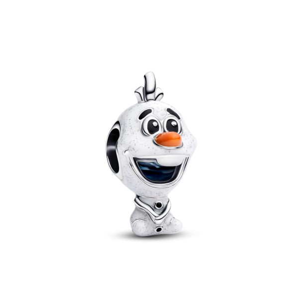 PANDORA Disney Olaf sterling silver charm with orange,
 black and glittery white enamel and blue UV resin