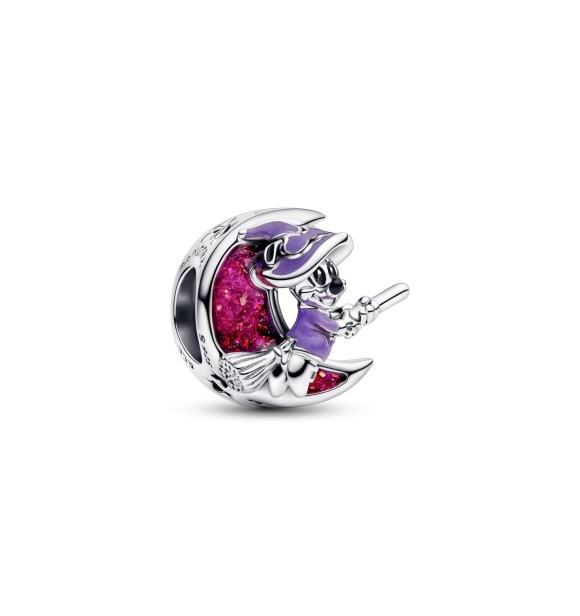 793981C01 Disney Parks Minnie Mouse and moon sterling silver charm with black,
 glittery pink and glow in the dark purple enamel