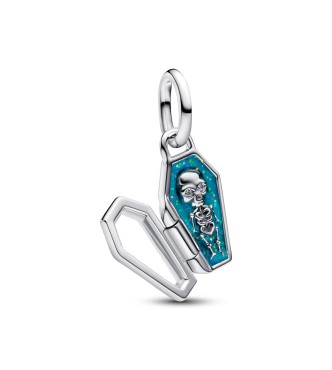 PANDORA Openable coffin sterling silver dangle with clear cubic zirconia and glittery teal glow in the dark enamel