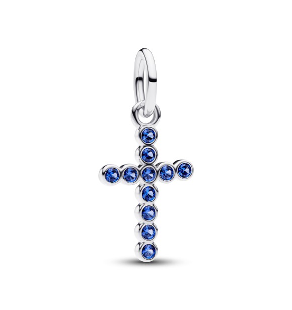 PANDORA Cross sterling silver dangle with stellar blue crystal