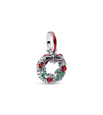 PANDORA 794238C01 Corona navideña de plata de ley con doble colgante con circonita cúbica transparente,
 cristal verde real y esmalte rojo brillante.