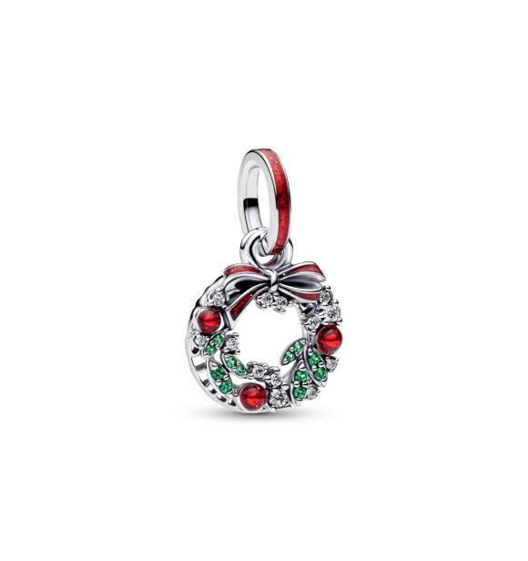PANDORA 794238C01 Corona navideña de plata de ley con doble colgante con circonita cúbica transparente,
 cristal verde real y esmalte rojo brillante.
