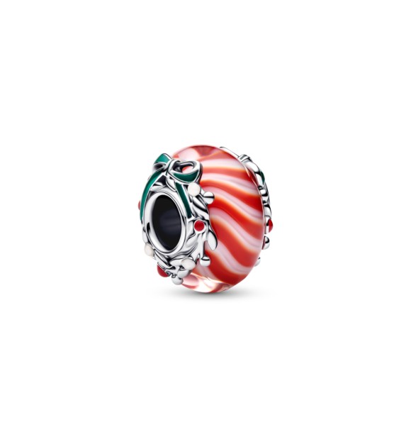 PANDORA 794252C01 Charm de plata de ley con forma de caramelo y cristal de Murano rojo y blanco,
 esmalte blanco, rojo y verde brillante.