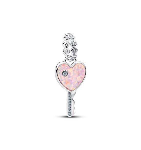 PANDORA 794427C01 Heart key sterling silver dangle with clear cubic zirconia and lab-created pink opal