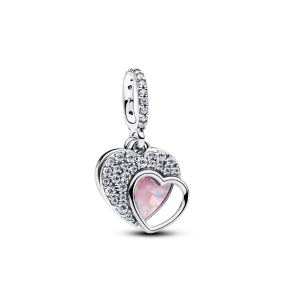 PANDORA 794456C01 Colgante doble de corazón de plata esterlina con circonita cúbica transparente y mosaico rosa de ópalo creado en laboratorio y resina.