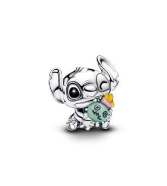PANDORA 794554C01 Charm de plata de ley de Stitch de Disney con cristal de Murano verde y esmalte negro,
 rosa y amarillo