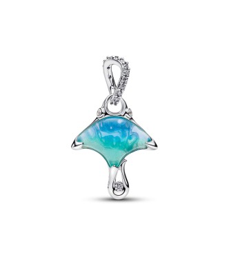 794685C01 Manta sterling silver dangle with clear cubic zirconia,
 white bioresin man-made mother of pearl, enamel and shaded blue Murano g