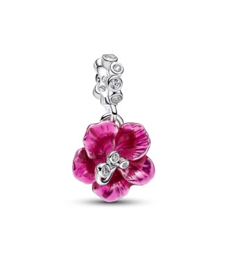 794698C01 Hibiscus sterling silver dangle with clear cubic zirconia and pink enamel