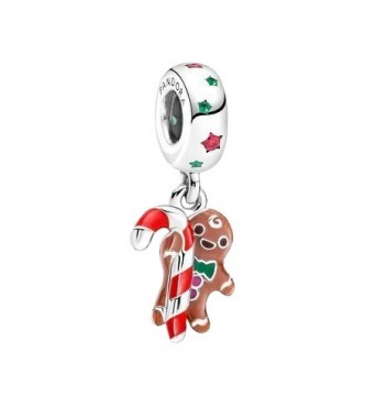 Ginger bread man with candy cane sterling silver dangle with spectra green crystal,
 red cubic zirconia, red, pink, brown and green enamel