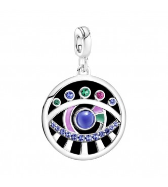 Eye sterling silver medallion with stellar blue and lake green crystal,
 synthetic ruby, green and pink enamel